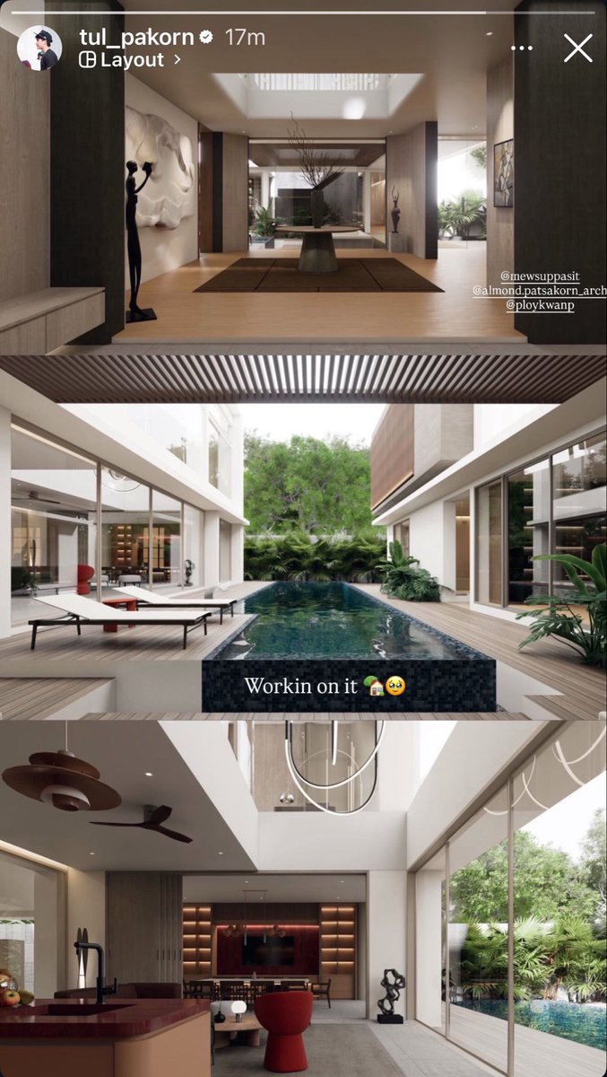 nimoyllap's tweet photo. #Tul_Pakorn IGS

Workin on it 🏡🥹
(今、これ進めてるとこ/計画進行中🏡🥹)

//Is this #MewTul’s new home project?? 👀 
Tul tagging Mew with “Workin on it” 🤍
The courtyard pool, soaring ceilings and warm wood tones… dream home vibes 💖

@octotul
@MSuppasit #MewSuppasit
#NimoyTrans https://t.co/6orOxTkmHO