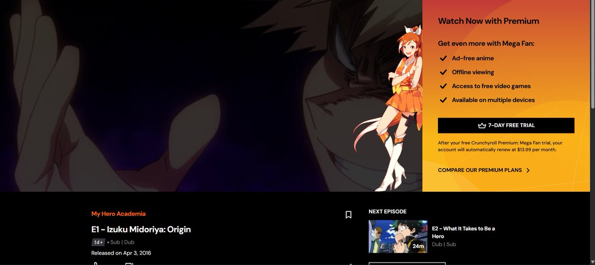 half622389's tweet photo. @stubbyfps @animeupdates Deadass bro. I tried to watch MHA on crunchyroll and I can't even watch the first episode. Shit just redirects me to buying premium https://t.co/BeF1O56vv3