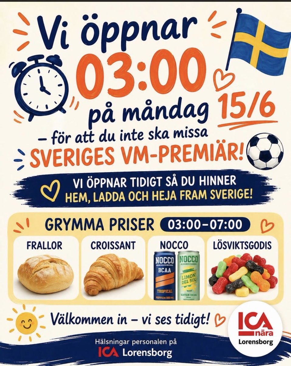 blixt_r's tweet photo. Ni som bor i Malmö som ska se Sverige 🇸🇪 matchen så öppnar ICA Nära Lorensborg klockan 3 i natt så ni kan ladda upp med frulle. In o handla med er. 
#Malmö #Lorensborg #ICA #VMSverige https://t.co/wBkUas27jF