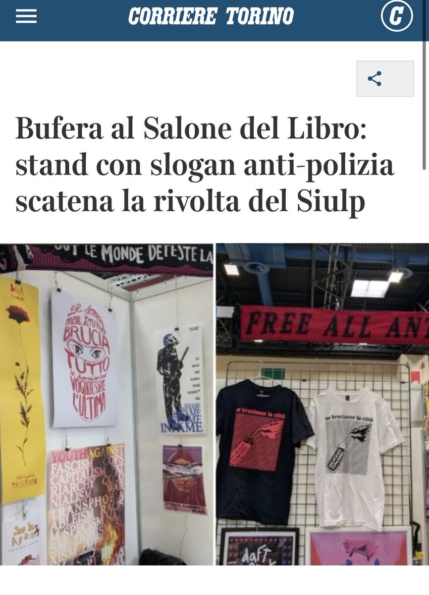 Ivano_st's tweet photo. @ZagDavide @PaoloVivani @giubileif E allora dovrebbero richiedere anche la dichiarazione di rispetto delle istituzioni posto che al salone del libro c’era uno stand contro la Polizia. https://t.co/220C1UE3k3