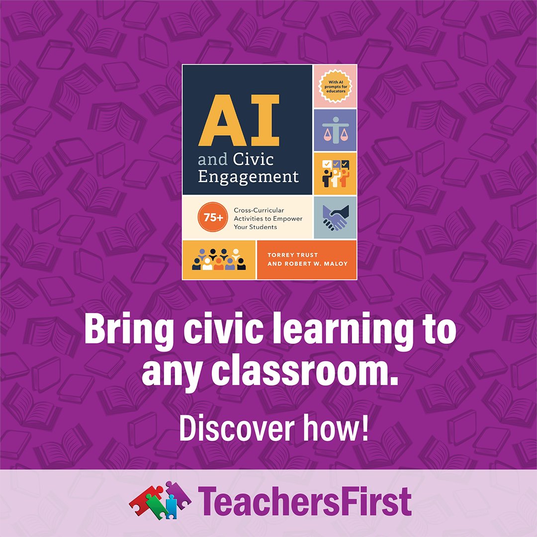 TeachersFirst's tweet photo. Civic learning belongs in every subject. Join our summer book study to discover cross-curricular activities, learning plans, and AI prompt templates you can use to bring civic learning to any subject area. Apply by 6/19:
https://t.co/Uwe0IIdZuC #ProfessionalLearning #Civics https://t.co/KaJ5FaeoVC