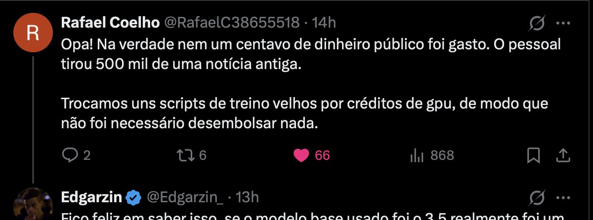 Edgarzin_'s tweet photo. História cheia de furos, o prefeito do RJ disse que foi financiado com dinheiro público, já o que acredito que seja o líder do projeto, disse que não foi financiado com dinheiro público.

E agora estamos descobrindo que na verdade, o modelo não foi fine-tuning puramente a partir do Qwen 3.5, na verdade é a partir do Nex N2 Pro

Evidências da Nex: https://t.co/PGlMAZdEAv

A parte irônica: o benchmark de ambos modelos são exatamente quase o mesmos (segundo os benchmarks públicos, o Nex ainda supera), então, o que realmente foi melhorado?