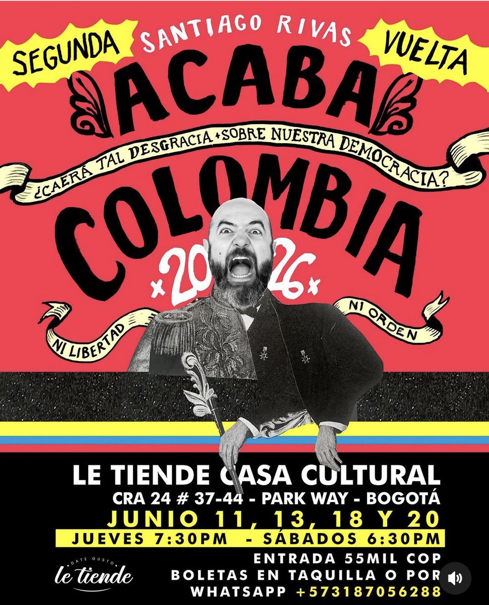 AngelaPerversa's tweet photo. Mi unidad investigativa en Colombia* estuvo anoche viendo la versión de segunda vuelta de “Acaba Colombia”, el monólogo de @Rivas_Santiago y lo recomienda ampliamente. Todavía hay funciones el 18 y el 20. 

(*mi hermana) https://t.co/OFirLqeW6h