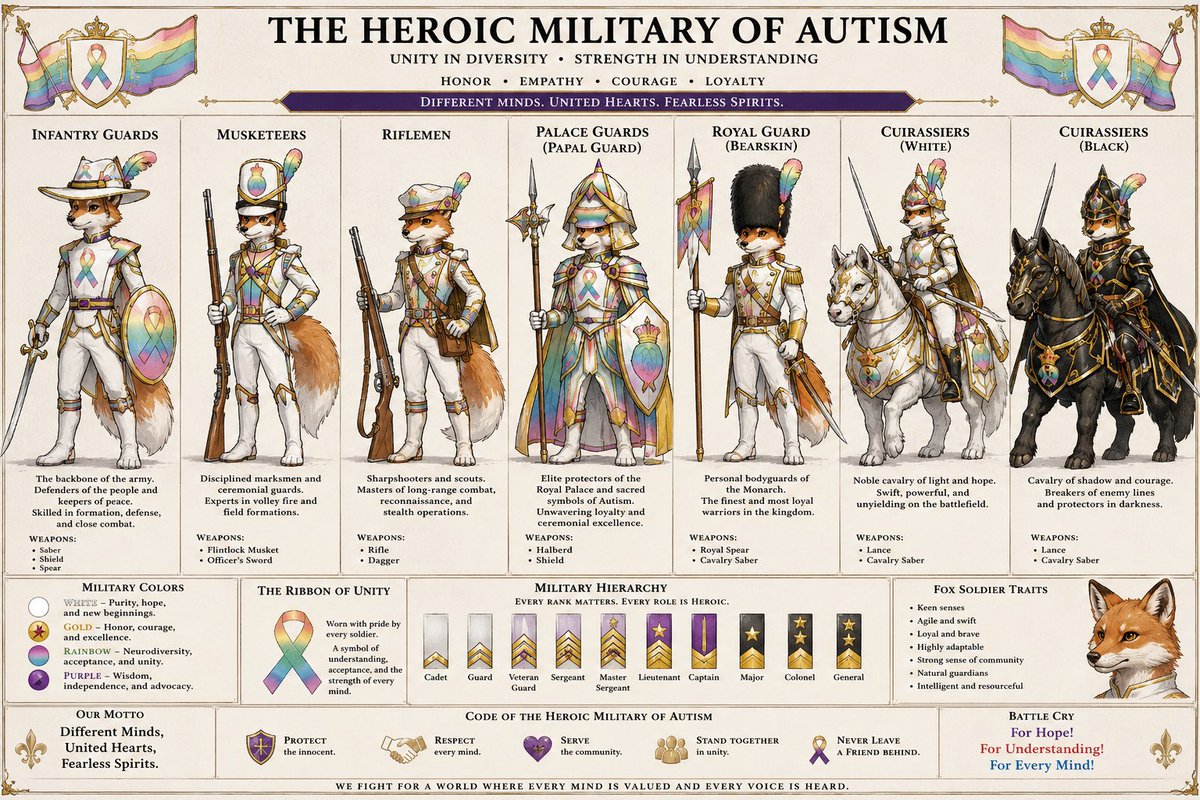 MissMegZ2's tweet photo. 🦊🌈⚔️ The Heroic Military of Autism – Ref Sheet ⚔️🌈🦊
#Autism #AutismAcceptance #AutismPride #Neurodiversity #InfinityRibbon #Fox #AnthroFox #Furry #OriginalSpecies #FantasyMilitary #MilitaryDesign #RefSheet #CharacterDesign #Worldbuilding #ConceptArt #FoxArmy #RoyalGuard https://t.co/fDWufKxwe0
