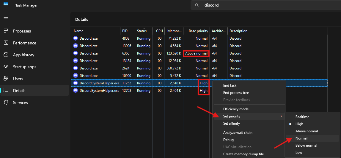 SAIYANFPS's tweet photo. 🚨Discord Users

Discord is STILL secretly STEALING your FPS 

Open Task Manager -> Details -> Search for Discord.exe & DiscordSystemHelper.exe -> Set the priority to Normal. 

If you don’t do this, some Discord processes will run at high priority on their own, taking up resources and causing inconsistent in-game performance