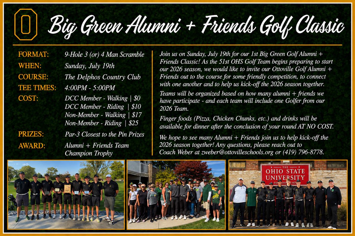 OttovilleGolf's tweet photo. ⛳️ | Big Green Alumni + Friends - Join us on Sunday, July 19th for our 1st Alumni + Friends Golf Classic!

Come join us for some friendly competition, to connect with one another and help us kick-off our 2026 season TOGETHER. Able to join us? Please Register ⬇️: https://t.co/qa7E7x1mWQ