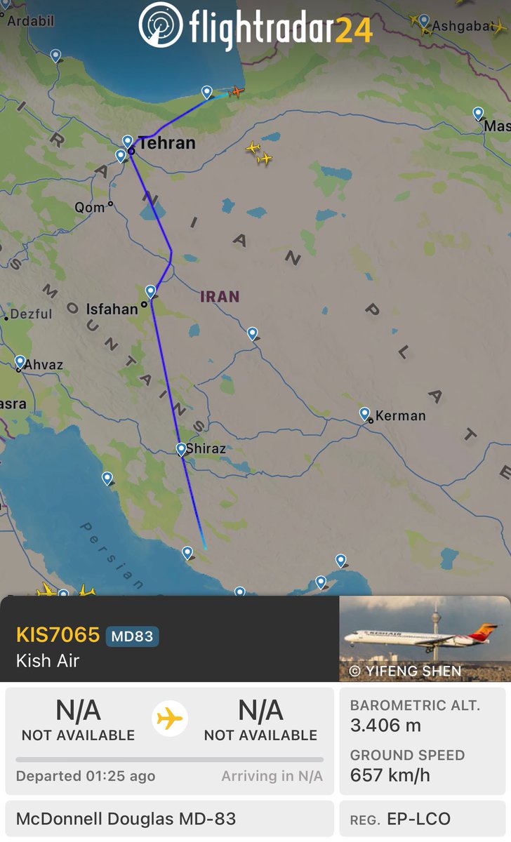 AryJeayBackup's tweet photo. An airliner flight from Kish to Tehran was not allowed to land at Mehrabad, and had to divert to another airport in the east.

According to Tasnim, Iran suspended flights in the Western part of the country for now as well. https://t.co/WM0qwPDAm8