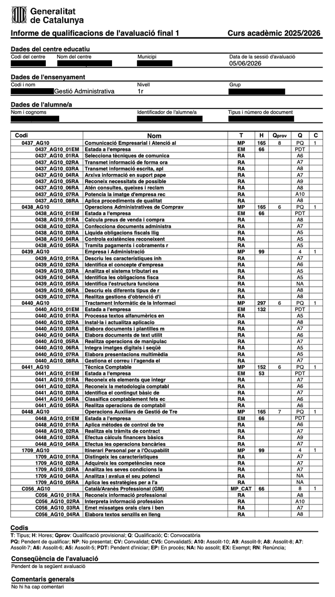 genisroca's tweet photo. Aquí les notes d'un/a alumne de cicles formatius.
- A una assignatura ha tret MP 165 8 PQ 1.
- "Conseqüència de l'avaluació: pendent de la següent avaluació"
- Comentaris: "No hi ha cap comentari" https://t.co/SSSMxnCpbD