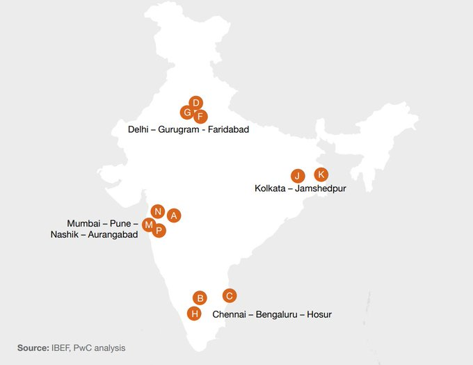 IndianIndex's tweet photo. Key Indian automotive manufacturing clusters: 🚘🚗🛻🚍

(PwC) https://t.co/TsUZ3ZYvSI
