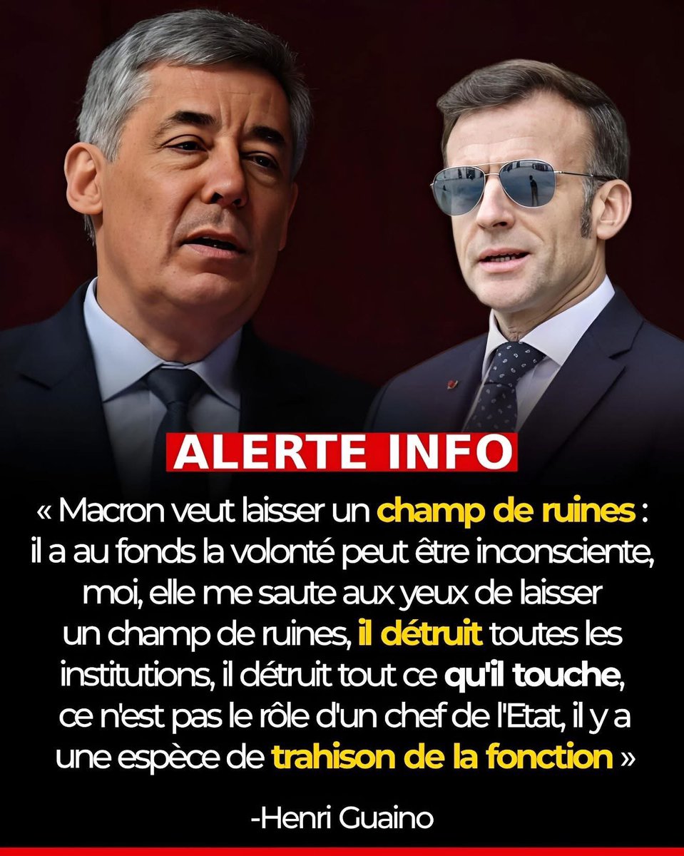 veritebeaute's tweet photo. 🔴🇫🇷 « Macron veut laisser un champ de ruines :  il a au fonds la volonté peut être inconsciente, moi, elle me saute aux yeux de laisser un champ de ruines, il détruit toutes les institutions, il détruit tout ce qu'il touche,ce n'est pas le rôle d'un chef de l'Etat, il y a une espèce de trahison de la fonction »
-Henri Guaino