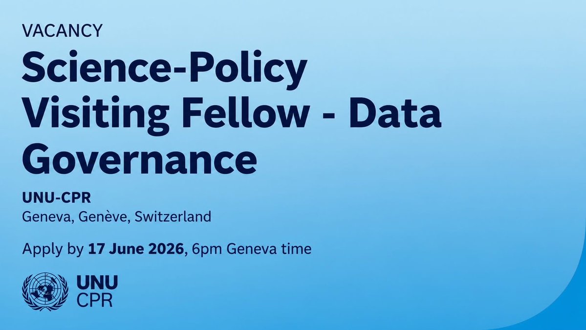 MrsScotty_M's tweet photo. 🌍 United Nations University Science-Policy Visiting Fellowship 2026 in Geneva, Switzerland | CHF 5,500 Monthly Stipend

🚀 Are you a researcher, policy expert, or development professional from the Global South passionate about data governance, digital development, and global policymaking?

The United Nations University (UNU) and the Geneva Science-Policy Interface (GSPI) are inviting applications for the Science-Policy Visiting Fellow – Data Governance Fellowship 2026 in Geneva, Switzerland.

This prestigious fellowship offers a unique opportunity to contribute to international policy discussions on equitable data governance while working alongside UN experts, diplomats, researchers, and global development stakeholders.

💰 Benefits:

✅ CHF 5,500 monthly fellowship remuneration

✅ CHF 3,000 additional allowance

✅ Travel costs to Geneva covered

✅ Return travel home covered

✅ Visa support provided

✅ Work directly with United Nations experts

✅ Engage with global policymakers and researchers

✅ Publish policy-relevant and academic research

✅ Build an international professional network

✅ Gain experience influencing global digital governance policies

📅 Deadline
⏰ 17 June 2026 (6:00 PM Geneva Time)

🔗 Apply here: https://t.co/ZVsuIz5UGp 

💡 Pro Tip: Demonstrate clear expertise in data governance, digital development, science-policy engagement, or technology governance. Highlight research experience that connects technology, development, and public policy, especially in Global South contexts.

🌐 This opportunity is open exclusively to applicants from Global South countries.