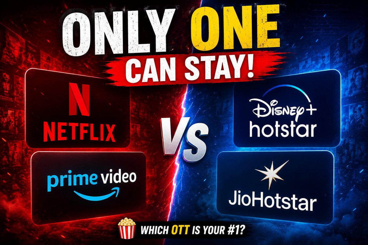 bestonott's tweet photo. 🎬 OTT BATTLE 2026!

If you could keep ONLY ONE OTT subscription for the next 5 years, which one would it be? 🤔

🔥 Netflix
🔥 Prime Video
🔥 Disney+
🔥 JioHotstar

Vote below and defend your choice in the comments!

#Netflix #PrimeVideo #DisneyPlus #JioHotstar #BestOnOTT https://t.co/Je6uFD3Bne