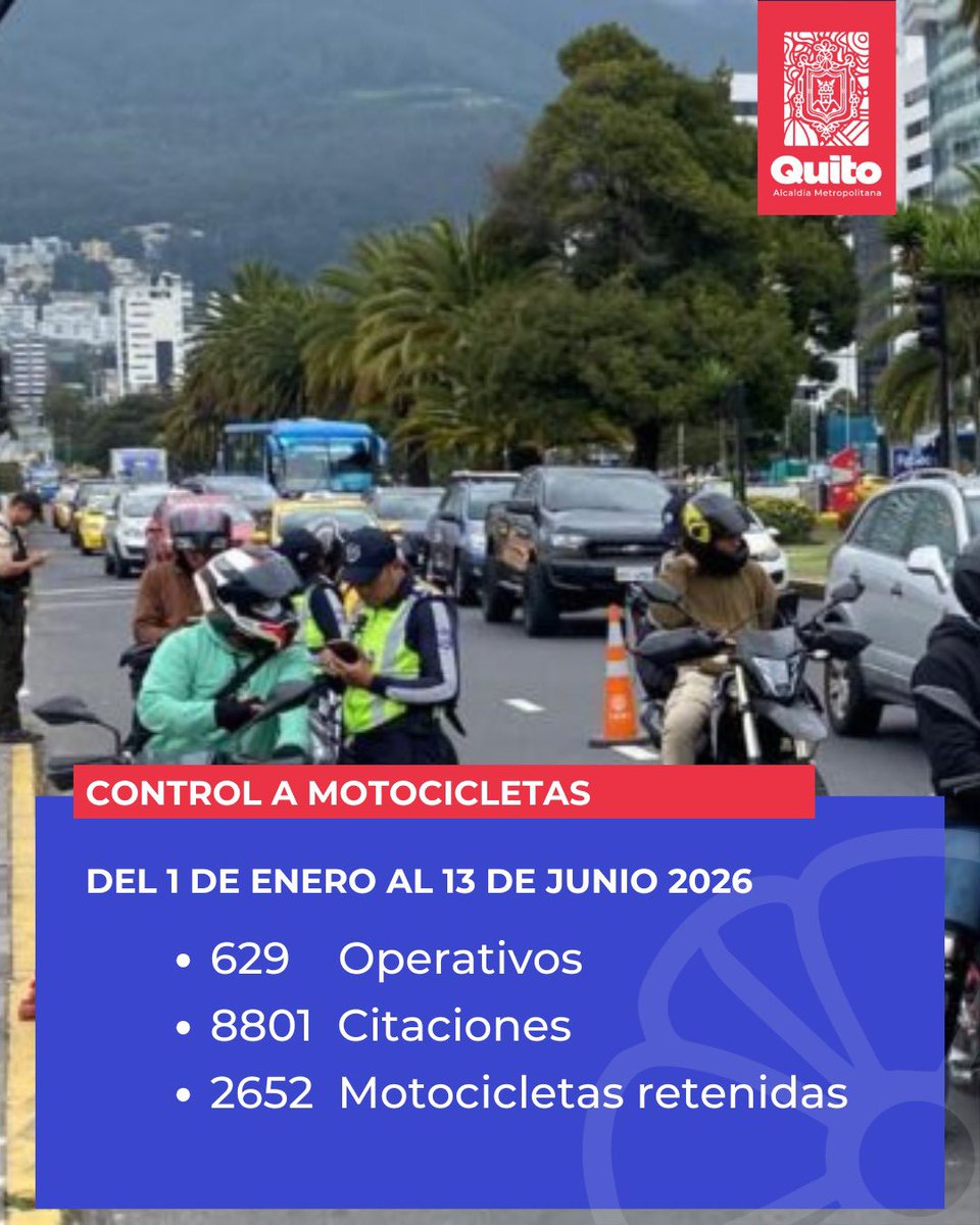 AMT_Quito's tweet photo. 👮🏻♂️ #ControlEnQuito|
¡La AMT trabaja por tu seguridad vial!
🏍️ Estos son los resultados de control a motocicletas del 1 de enero al 13 de junio de 2026 👉🏽
👮🏽♀️ Recuerda los operativos son permanentes.
💙 #CadaVidaCuenta https://t.co/yoCiLTn694