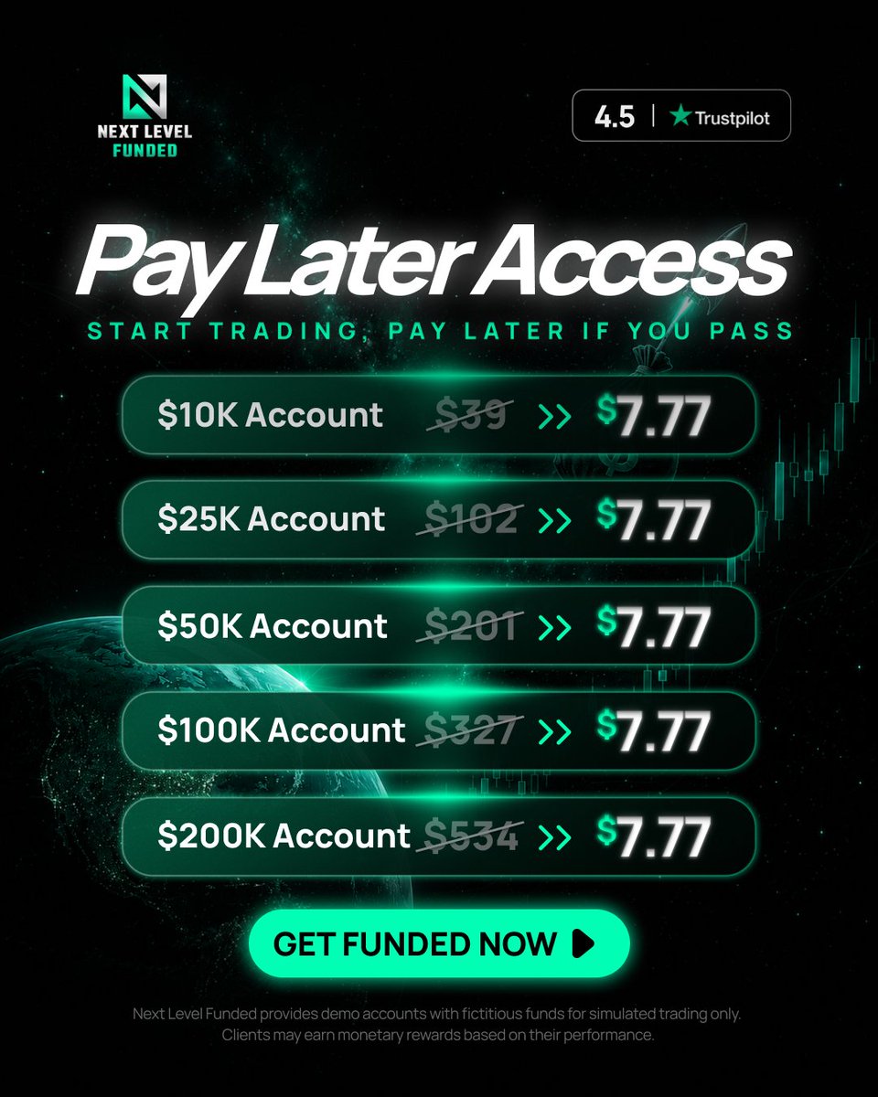 NextLvlFunded's tweet photo. If you pass, great.

If you don't, you're not out hundreds of dollars.😲

That's what makes Pay Later Access different.🔥

$7.77 to get started. 👀
👉 https://t.co/K49YVNd3EH https://t.co/M3wlTWI1Jh