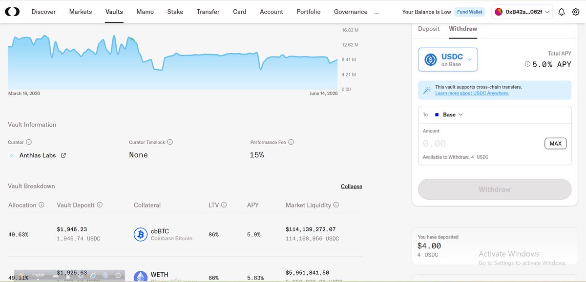 BaseDegen_X's tweet photo. 🚀 Just parked some USDC in @MoonwellDeFi  and I'm honestly impressed.

✅ Earning ~5% APR on @base 
✅ Passive yield on idle stablecoins
✅ Powered by @Morpho  Vaults
✅ Curated by Anthias Labs for risk-adjusted returns

Feels good putting stablecoins to work instead of letting them sit in a wallet. 💸

Base DeFi keeps getting stronger every month.🟦

Anyone else using Moonwell for their USDC, or are you farming yield somewhere else? 👀