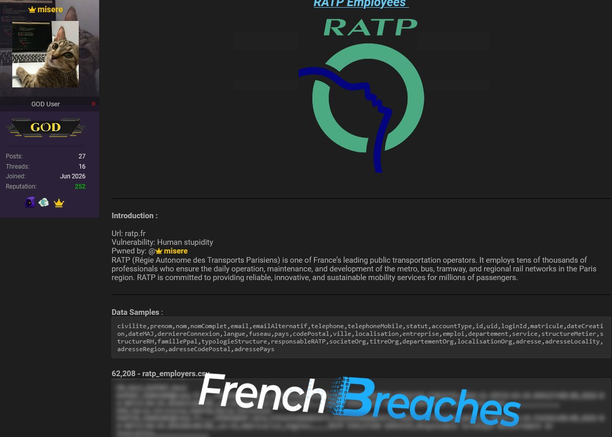 seblatombe's tweet photo. 🔴🚨 La RATP visée par une fuite de données concernant potentiellement 62 208 employés et jusqu'à 6 années de données.

Un jour, une fuite.

Le cybercriminel « misere » revendique le piratage de la RATP et publie sur le dark web une fuite de données contenant des informations professionnelles, RH et organisationnelles relatives à plus de 62 000 collaborateurs de l'entreprise.

Selon les éléments publiés, les données pourraient couvrir une période allant de 2020 à 2026.

Les informations visibles dans les échantillons incluraient notamment :

👉 Civilité, nom et prénom
👉 Adresses e-mail professionnelles et alternatives
👉 Numéros de téléphone fixe et mobile
👉 Matricules, UID et identifiants internes
👉 Fonctions, services et départements
👉 Informations hiérarchiques et RH
👉 Ville, code postal, adresse et localisation
👉 Dates de création, de mise à jour et de connexion