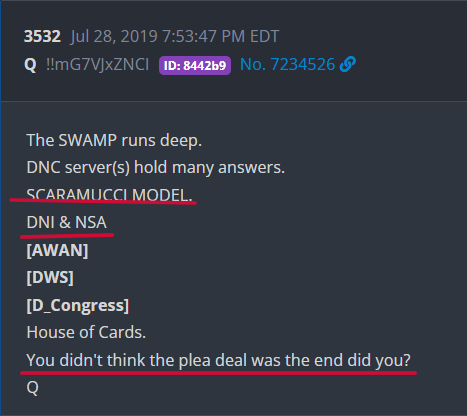 FedupWithSwamp's tweet photo. What are Democrats afraid of? Bill's just an Acting director. After all, anons know (through Q drops) that plea deals were made with Democrats many years ago.  We watched and laughed for years as (controlled) Corrupt Dems were used to destroy their own party. 

But wait... there's moar..... 😉 🍿

SCARAMUCCI MODEL. 
You didn't think the plea deal was the end did you? 
Q