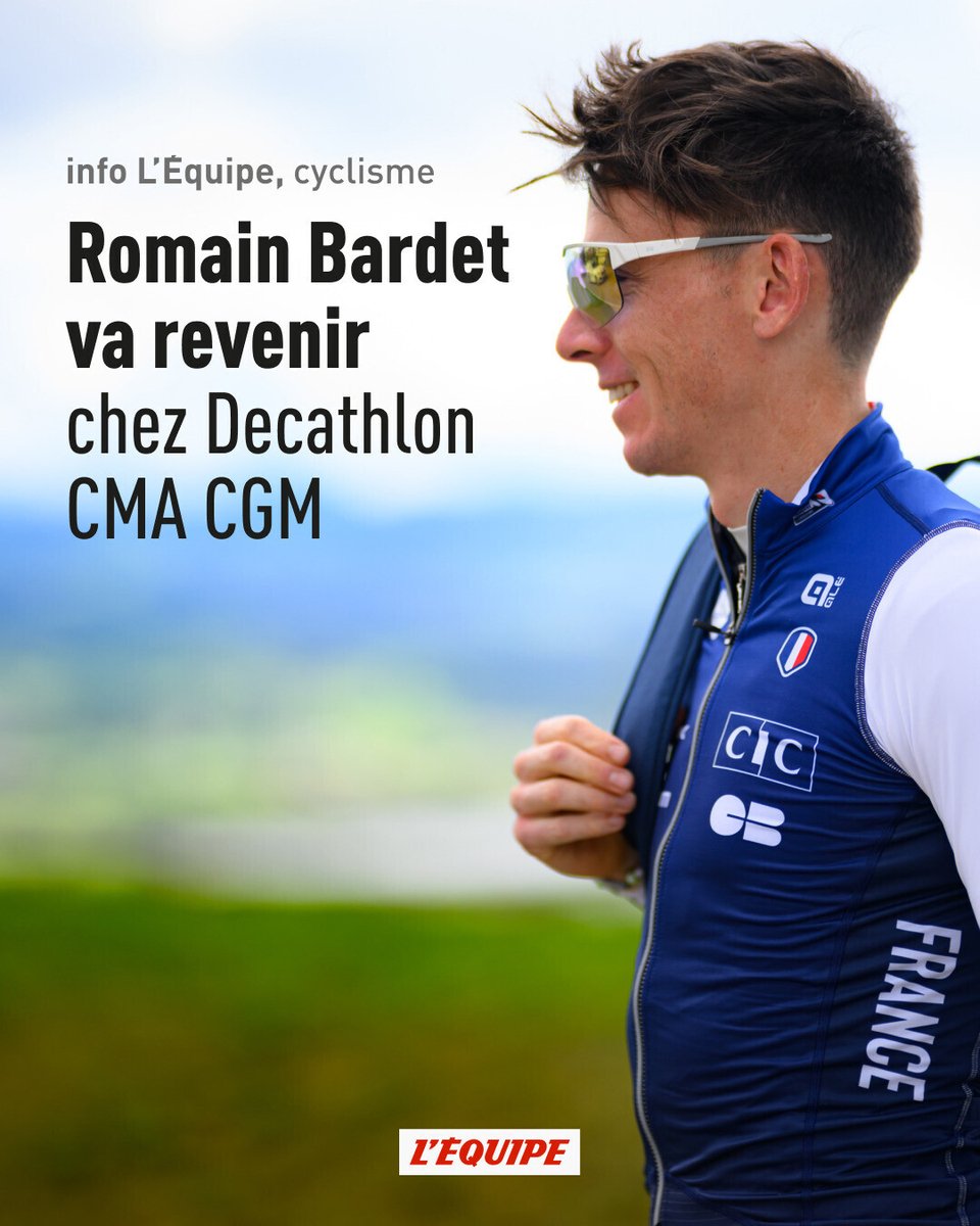 lequipe's tweet photo. INFO L'ÉQUIPE. Retraité depuis juin 2025, Romain Bardet va retrouver l'univers du cyclisme sur route en endossant un rôle dans l'encadrement de Decathlon CMA CGM, l'équipe de Paul Seixas. https://t.co/cJsOXQmTsx https://t.co/i3X19d7e5b