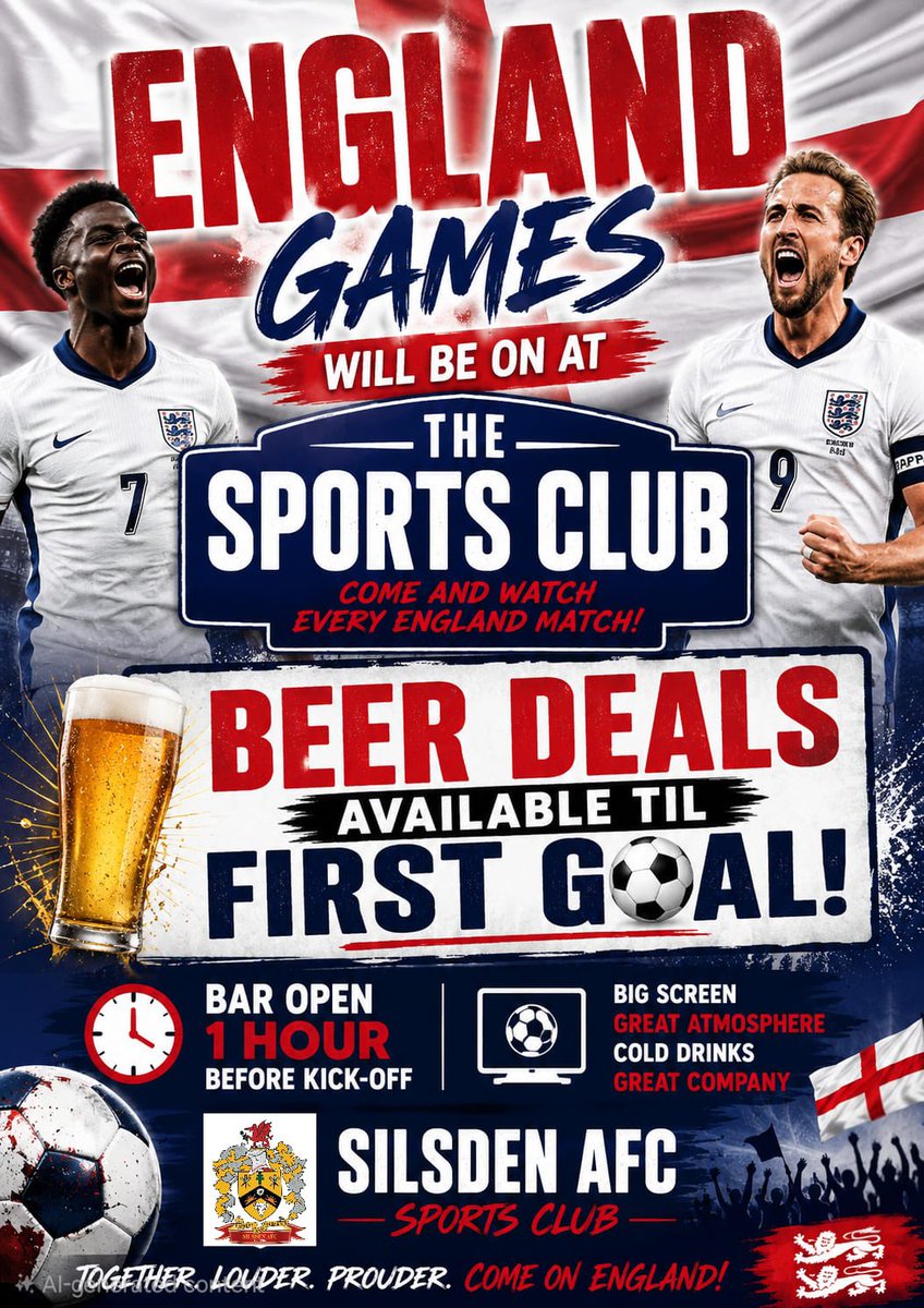 SilsdenAFC's tweet photo. Join us in our club house this Wednesday as England take on Croatia!

We’ll be open from 8pm with drinks deals on until the first goal⚽️

#UpTheSils https://t.co/D2mD8D87um