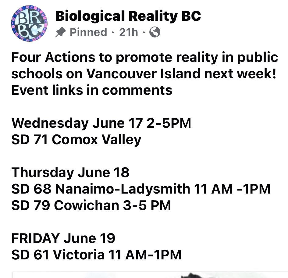 EndTheNDP's tweet photo. Four Actions to promote reality in public schools on Vancouver Island next week!
Event links in comments 

Wednesday June 17 2-5PM
SD 71 Comox Valley 

Thursday June 18
SD 68 Nanaimo-Ladysmith 11 AM -1PM
SD 79 Cowichan 3-5 PM

FRIDAY June 19
SD 61 Victoria 11 AM-1PM

https://t.co/3ldtJtJQ12