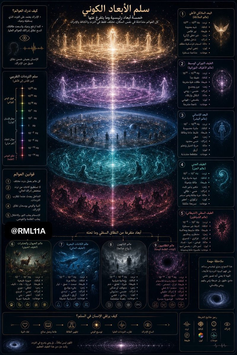 RML11A's tweet photo. الجزء 2
#خريطة_كونية كاملة !

8) ��الم التائهون

أحد أذكى الأبعاد بالصورة.

يمثل:

الأرواح أو الوعي المعلق
الضياع
فقدان الاتجاه

خصائصه:

ضباب رمادي
موجات غير مستقرة
زمن مشوش

الإحساس:

كأن الكائن موجود لكنه غير قادر على الانتماء لأي بعد.

9) عالم الظلاميون

أخفض نطاق بالصورة.

يمثل:

الانهيار الكامل
الفراغ
العدم
الذوبان في الظلام

لذلك:

فيه ثقب أسود
وانهيار ضوئي
وتشويه مكاني

المعنى:

ليس مجرد “شر”، بل فقدان كامل للهوية والانسجام.

سلم الترددات الجانبي

هذا يوضّح:

كلما ارتفع التردد:
زاد النور
خفت الكثافة
توسع الإدراك

وكلما انخفض:

زادت الفوضى
أصبحت الطاقة أثقل
تقلص الوعي

قوانين العوالم
👇🏻👇🏻
الصورة تبني قوانين كونية:

قانون التردد
كل عالم يعمل على موجة مختلفة.

قانون الإدراك

لا ترى إلا ما يتوافق مع ترددك.

قانون التداخل
العوالم ليست منفصلة مكانياً.

قانون الانسجام

الاستقرار يرتبط بالنور والتناغم.

قانون الانحدار

الفوضى تكسر الشكل والطاقة.

الرسالة الفلسفية النهائية للصورة

الصورة لا تقول:

"هناك أماكن فوق وتحت فقط."

بل تقول:

"الوجود كله عبارة عن طيف هائل من الوعي والطاقة، والإنسان يقف في المنتصف بين النور والفوضى"

ما أسمح بنقل الموضوع أو أخذه بدون أذن ✨

#الوعي #الادراك #وعي #ادراك #ابعاد #اكوان_متوازيه #كاس_العالم_٢٠٢٦