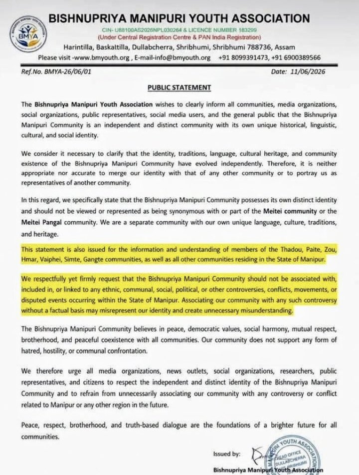 turng_point's tweet photo. Manipur: Bishnupriya Manipuri Youth Association has reaffirmed that Bishnupriya community is a distinct &amp; independent community with its own language, culture, and heritage &amp; shouldn’t be linked to Meitei identity or drawn into Manipur’s ethnic and political conflicts @NENowNews https://t.co/TX41OnMS9s