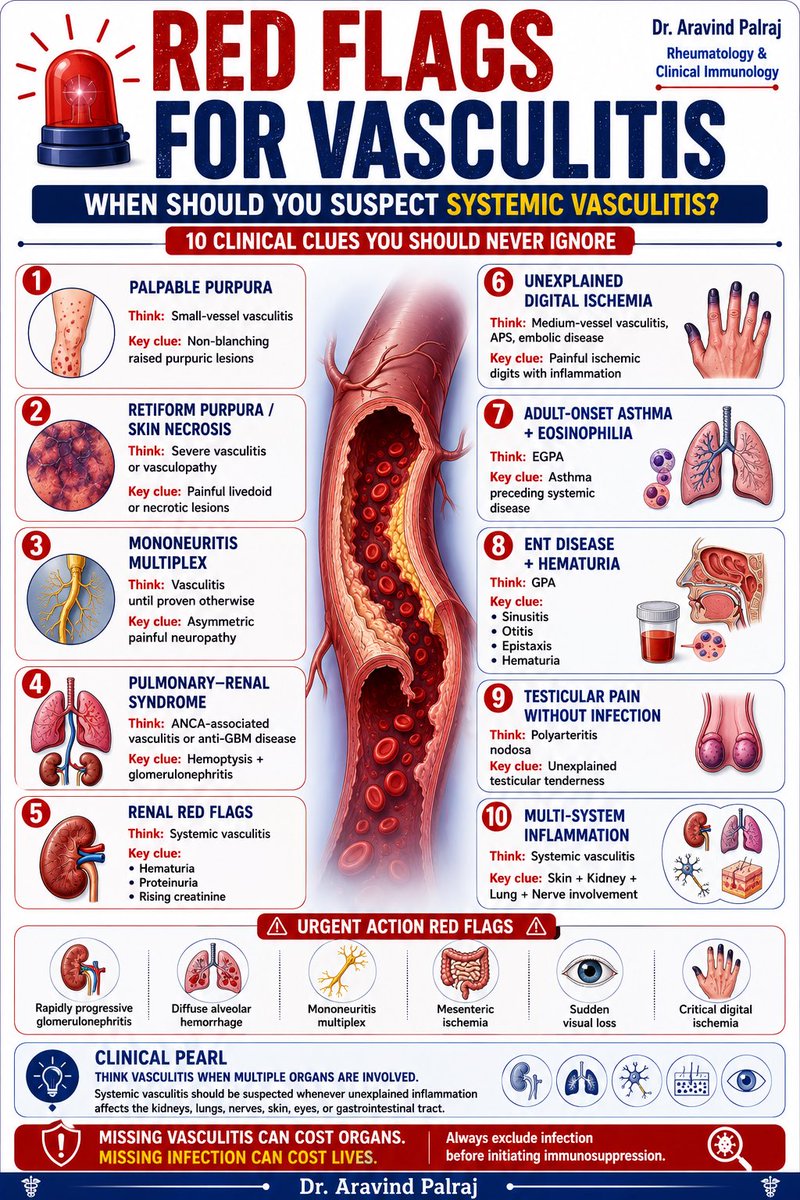 Rheumat_Aravind's tweet photo. RED FLAGS FOR VASCULITIS

When should you suspect systemic vasculitis?

Not every patient presents with classic palpable purpura. Vasculitis can involve virtually any organ system, and delayed recognition may lead to irreversible organ damage.

Important clues include:
• Mononeuritis multiplex
• Pulmonary–renal syndrome
• Digital ischemia
• Adult-onset asthma with eosinophilia
• ENT disease with hematuria
• Testicular pain without infection
• Multi-system inflammation

The key is to recognize patterns early and investigate appropriately.

Remember:

Missing vasculitis can cost organs.
Missing infection can cost lives.

Always exclude infection before initiating immunosuppressive therapy.

Infographic by Dr. Aravind Palraj

#Rheumatology #Vasculitis #ANCA #MedicalEducation #MedEd #FOAMed #ClinicalReasoning #InternalMedicine #Nephrology #Pulmonology #Neurology #Dermatology #MedTwitter #RheumTwitter #MedX @IhabFathiSulima @docakx