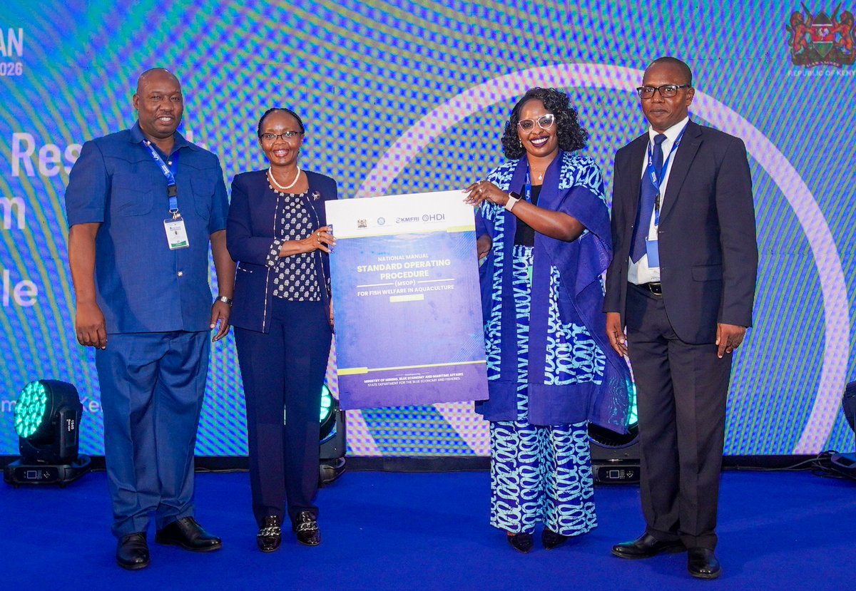 DgKeFS's tweet photo. I am pleased to announce the official launch of Kenya's National Manual Standard Operating Procedure for Fish Welfare in Aquaculture. This framework is a transformative tool designed to drive economic growth while safeguarding our food and climate security.
By establishing critical guidelines for governance, digitization, welfare standards, and capacity building, this manual serves as a comprehensive Inspector’s Handbook for the sector. Through this initiative, we are setting a new, sustainable standard for the future of the fisheries industry.
We unveiled this significant resource today during the 11th Our Ocean Conference 2026 Scientific & Research Pre-Conference Symposium, a key preliminary event held ahead of the official start of the conference on June 16th.
This manual was developed under the Ministry of Mining, Blue Economy, and Maritime Affairs, The State Department for Blue Economy and Fisheries and in collaboration with the Kenya Marine and Fisheries Research Institute (KMFRI) and the One Health and Development Initiative. We remain committed to these partnerships as we continue to grow the Blue Economy Sector.
