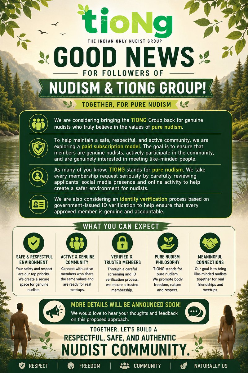 IndiaOnlyNudist's tweet photo. JOIN TIONG - The Indian Only Nudist Group
Join TIONG Rules & Updates Channel https://t.co/0M1PlqTtSm
Registration Now Open! Fill the Form Below https://t.co/745hYHvJsI
Thanks & Regards
THE INDIAN ONLY NUDIST GROUP
#TIONG #TheIndianOnlyNudistGroup https://t.co/YukcFs6HfQ
