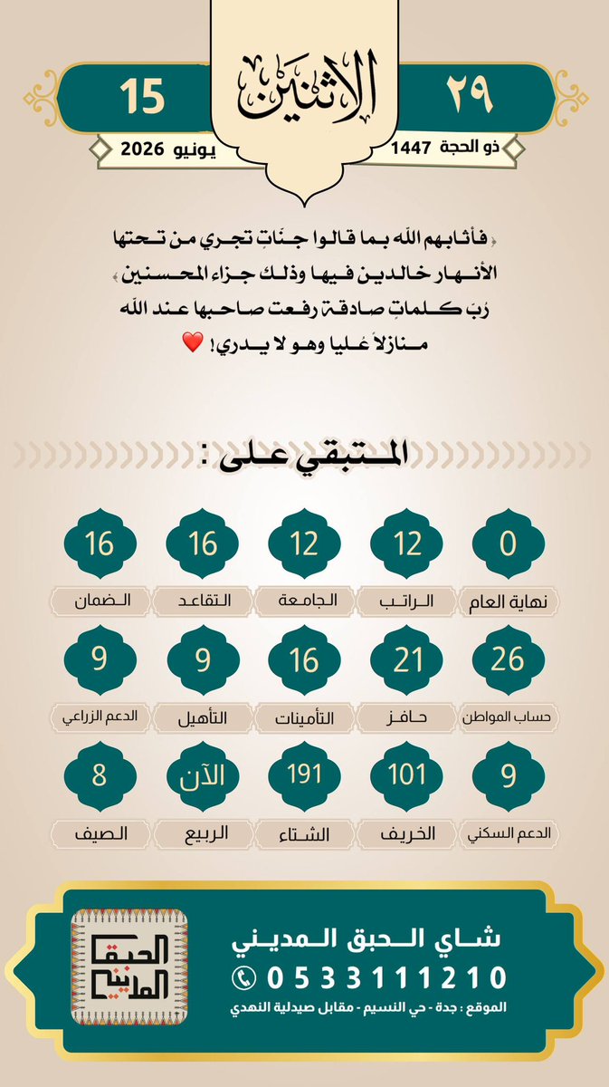 altaqwm22's tweet photo. #الاثنين 29/ذو الحجه (12)1447هـ
#الموافق 15/يونيو (06)2026
#الراتب 12
#التقاعد 16
#الضمان 16
#حساب_المواطن 26
#حافر 21
#التامينات 16
#التأهيل_الشامل 16
#الدعم_الزراعي 9
#الدعم_السكني 9
#التقويم_الرقمي
#صدقه_جاريه
#لاتنسون_صاحب_الحساب_من_دعواتكم_علي_القدري_رحمة_الله https://t.co/MgfJG6cXhZ