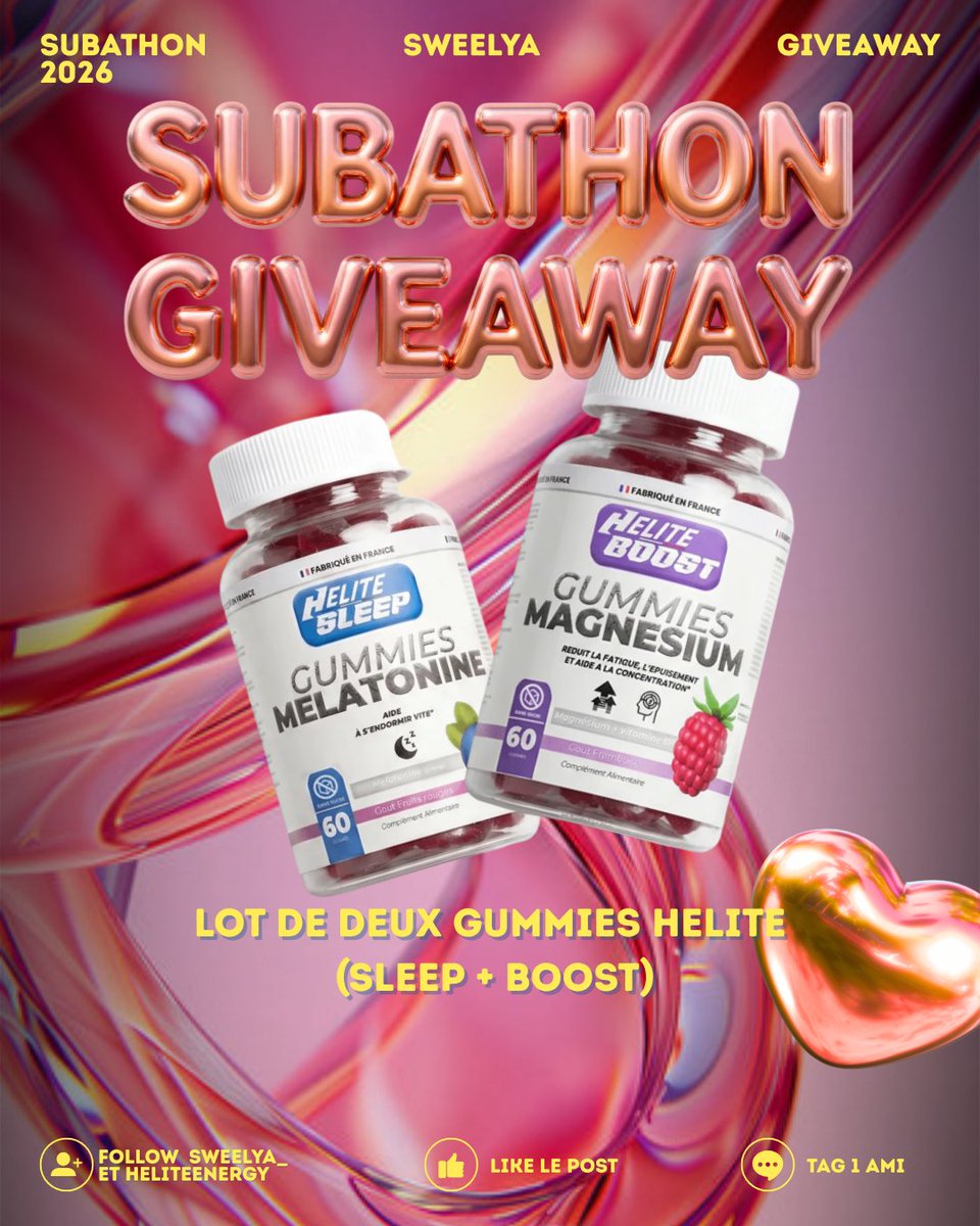 Sweelya_'s tweet photo. ✨SUBATHON GIVEAWAY ✨

Tentez de remporter un lot de deux gummies (sleep et boost) 

Pour cela il faut : 
- Follow @Sweelya_ et @HeliteEnergy
- RT le tweet 
- Tag un ami en commentaire ! 

Tirage le 27 juin en live ! 

Tentes ta chance sur insta également (sweelya__) https://t.co/YVNEy9Sgqp