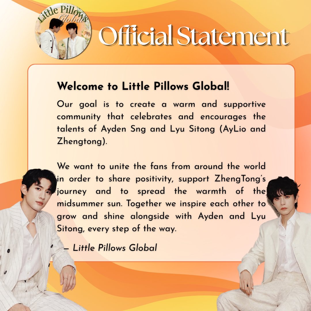 littlepillowsfc's tweet photo. Hello AyLio/Zhengtong fans and Little Pillows family!

We’re excited to share the wonderful news — Little Pillows Global is now officially here! 🧡

#Aylio
#政瞳 https://t.co/1TQVzpNr2C