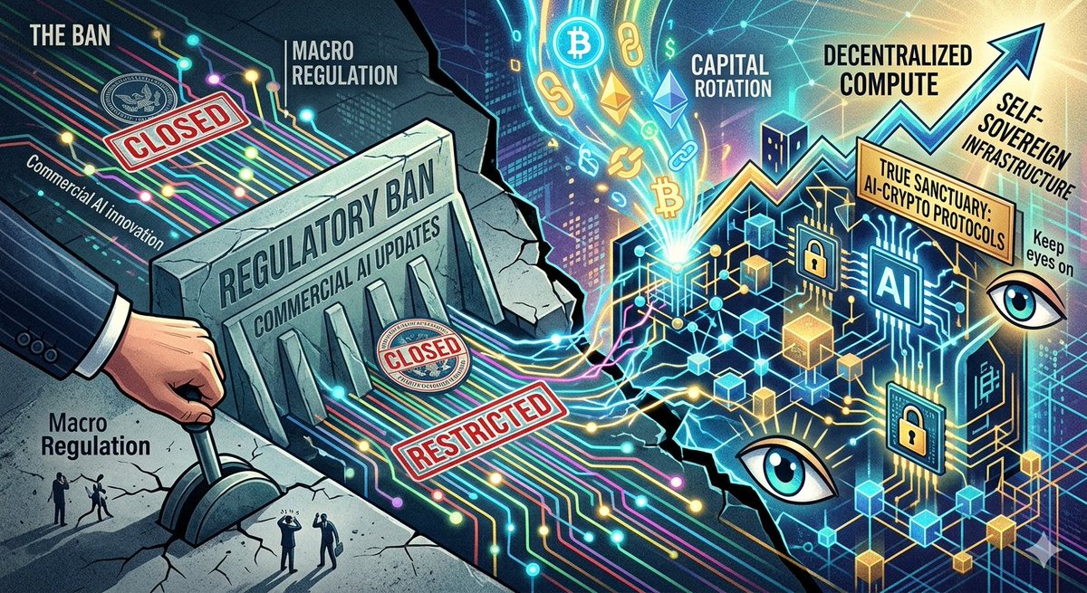 IsabelleGassen's tweet photo. Macro meets permissionless tech. A regulatory ban on major commercial AI updates triggers a sudden capital rotation into decentralized compute. Keep eyes on AI-crypto protocols; self-sovereign infrastructure is the true sanctuary.
#DePin #AIcrypto #DeCompute https://t.co/mkRl16wRU9