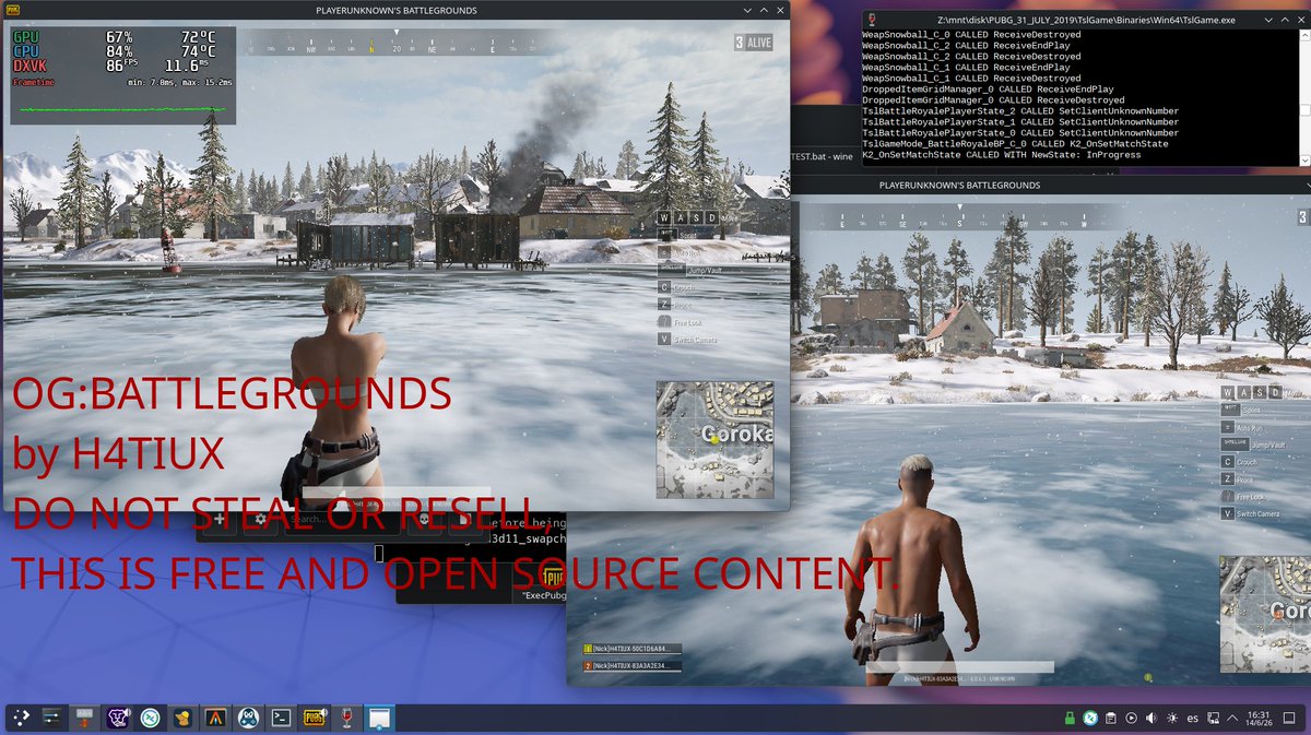 H4TIUX's tweet photo. The PUBG 2019 experimental local server now runs fully on Linux. 
Follow my progress and development here: https://t.co/Th4zCitbnC
(I use arch btw) https://t.co/Qp3MCVE2sx