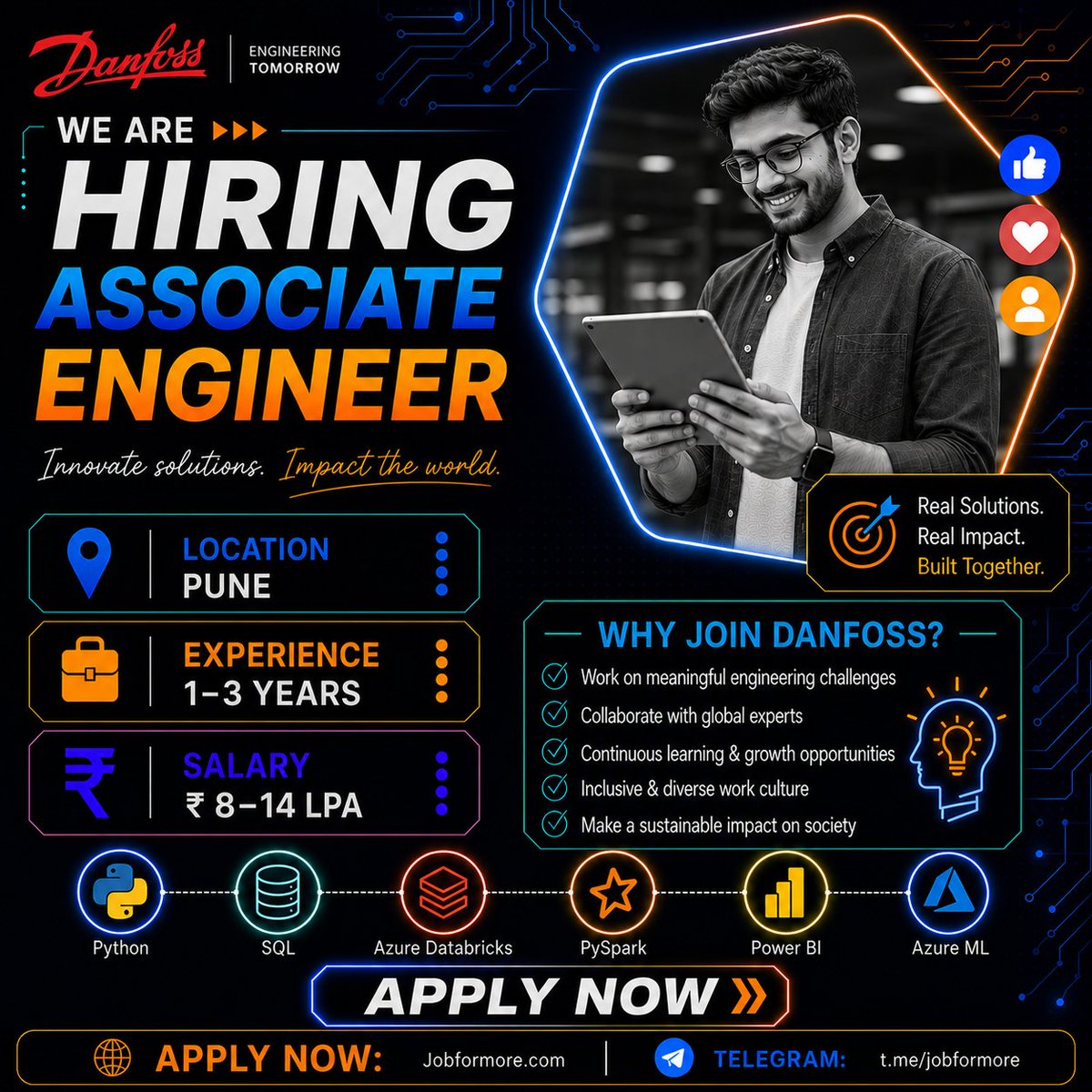 jobformore's tweet photo. 🚀 Associate Engineer @ Danfoss
📍 Pune | 1-3 yrs
🎓 BE/BTech in AI/Data Science
🔧 Python, SQL, Azure Databricks, PySpark, Power BI, Azure ML
💰 INR 8–14 LPA
#Jobformore #Danfoss #AICareers #Hiring #TechJobs
Apply: https://t.co/Bh8McisHmM https://t.co/3GPm5CKTPy