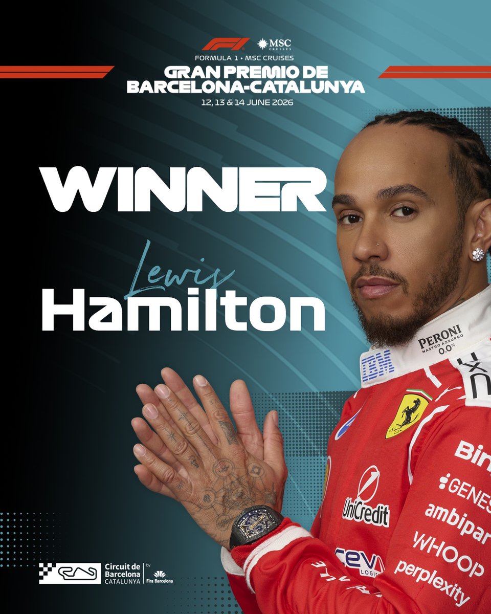 Circuitcat_eng's tweet photo. 𝐋𝐄𝐖𝐈𝐒 𝐇𝐀𝐌𝐈𝐋𝐓𝐎𝐍 
#F1 #BarcelonaGP 𝟐𝟎𝟐𝟔 𝐖𝐈𝐍𝐍𝐄𝐑

FIRST VICTORY WITH FERRARI IN BARCELONA! 🐎👏

#F1 #BarcelonaGP https://t.co/pHR0koYOnL