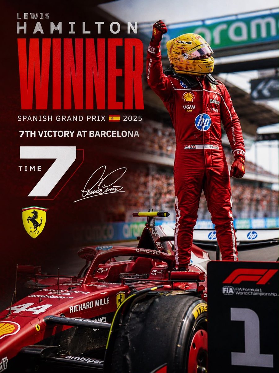 whistlepoduclub's tweet photo. Lewis Hamilton wins his 7th F1 Grand Prix at Barcelona.

His first with Ferrari. 
What a drive by the GOAT 🐐 https://t.co/IcfhBWekFj
