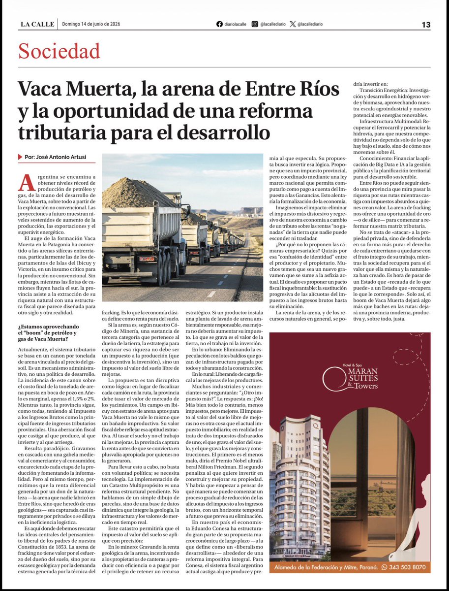joseartusi's tweet photo. La columna dominguera de hoy en @lacallediario, sobre la arena de Entre Ríos para Vaca Muerta como una buena oportunidad para pensar una reforma tributaria verdaderamente liberal que promueva el desarrollo…#columnadominguera #reformatributaria #vacamuerta https://t.co/3fVIFfVC4r