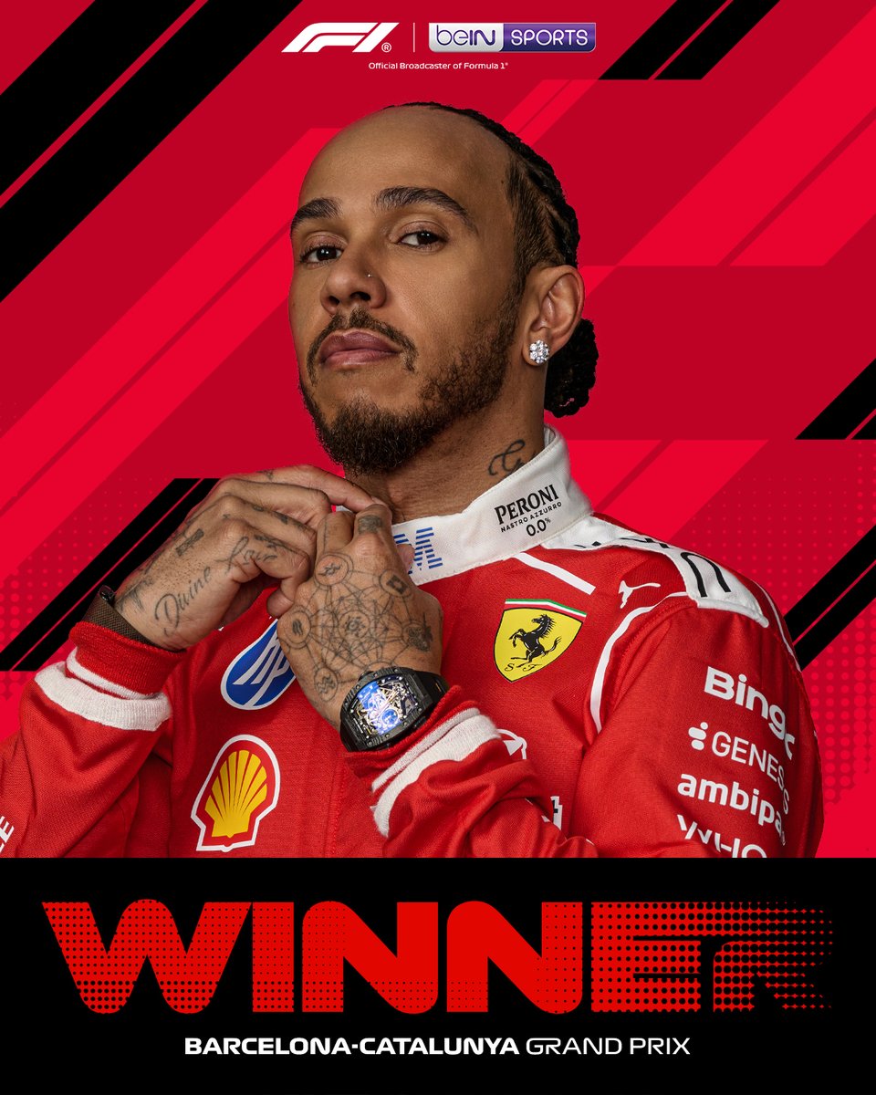 beINSPORTSid's tweet photo. Lewis Hamilton memenangkan Grand Prix pertamanya bersama Ferrari di #BarcelonaGP 🔴🔥

George Russell finis kedua sementara Lando Norris lengkapi podium!

#beINF1 https://t.co/2mrTXKjpwX