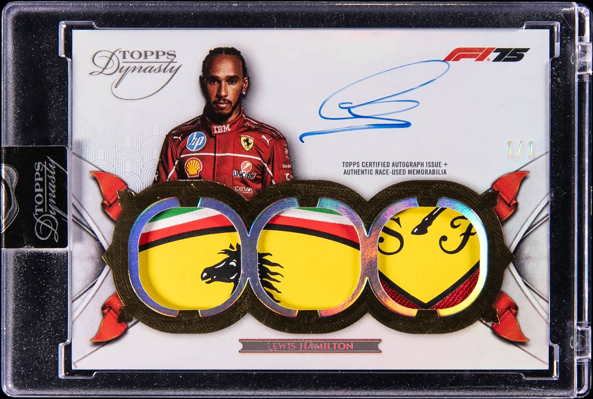 GoldinCo's tweet photo. LEWIS HAMILTON BACK ON TOP 🥇

BID NOW in our Goldin 100 Auction ➡️ https://t.co/btgibTH1Ob

Celebrate Lewis Hamilton's first win with Ferrari with this 2025 Topps Dynasty F1 Single Driver Triple Relic Autographs Gold Signed Race-Used Patch Card 🏎️ https://t.co/fmsenZyq8s