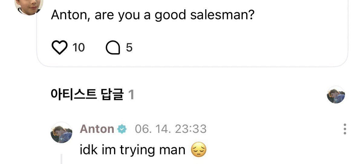 daintoiny's tweet photo. anton full time idol, part time salesman 😔 https://t.co/qUIqFacJx7