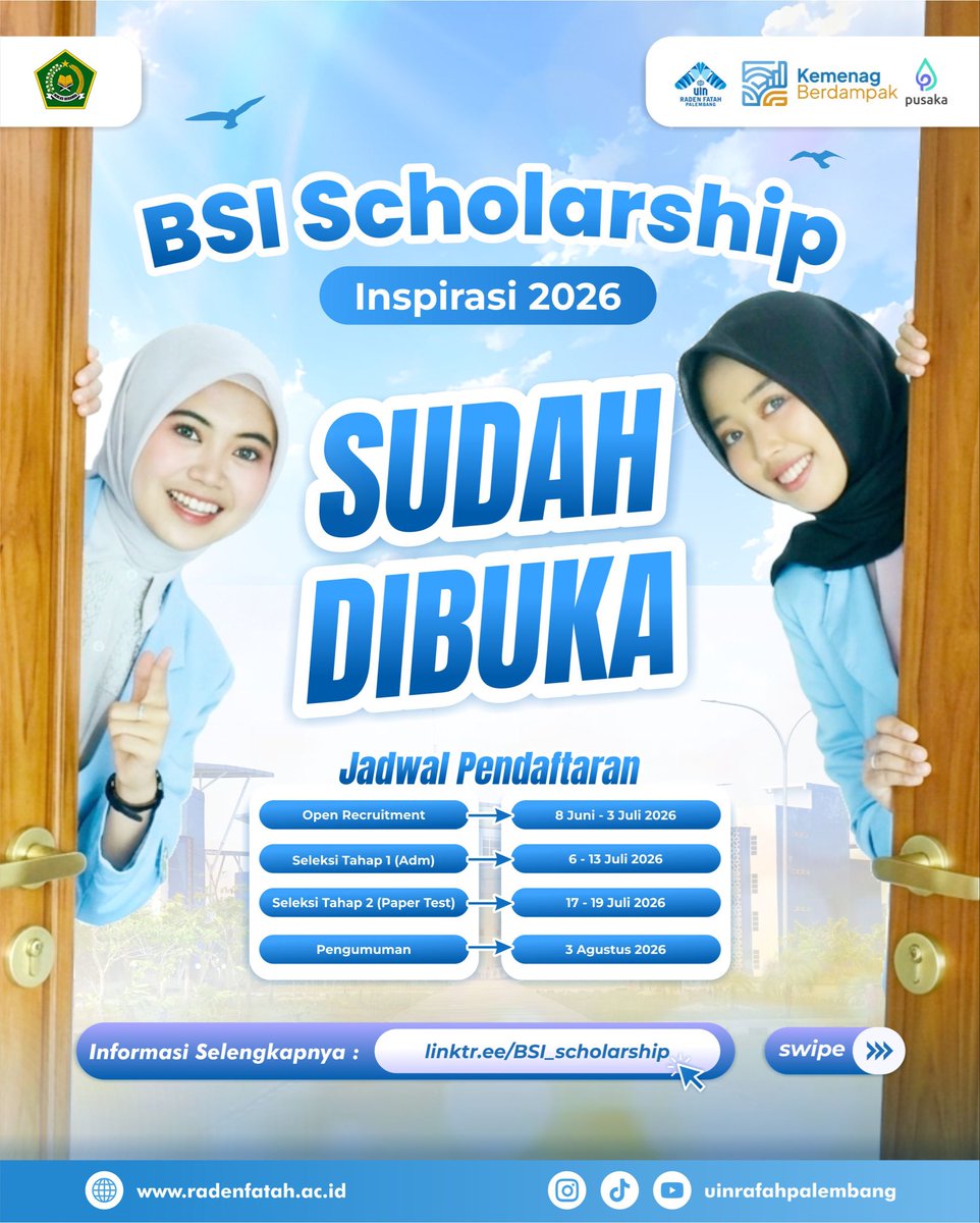 uinrafahplg's tweet photo. BSI Scholarship Inspirasi 2026 RESMI DIBUKA! ✨🎓

📌 Daftar sekarang juga!
🔗 https://t.co/pBSDwrLnSK

#UINRadenFatahPalembang
#UINRadenFatah
#Infobeasiswa
#BSIscholarship
#AyokuliahUIN https://t.co/dC1ypRKP7q