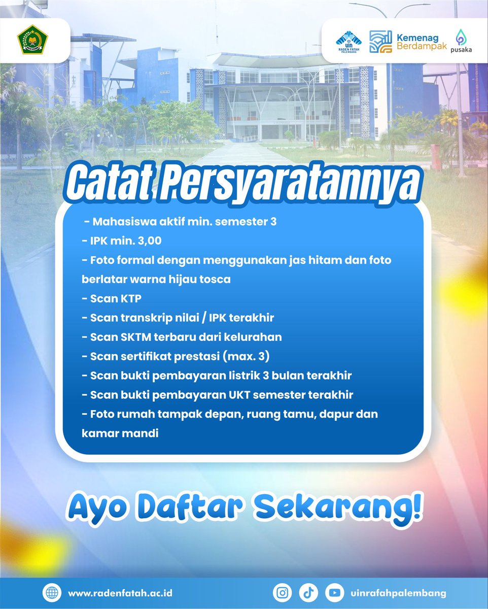 uinrafahplg's tweet photo. BSI Scholarship Inspirasi 2026 RESMI DIBUKA! ✨🎓

📌 Daftar sekarang juga!
🔗 https://t.co/pBSDwrLnSK

#UINRadenFatahPalembang
#UINRadenFatah
#Infobeasiswa
#BSIscholarship
#AyokuliahUIN https://t.co/dC1ypRKP7q