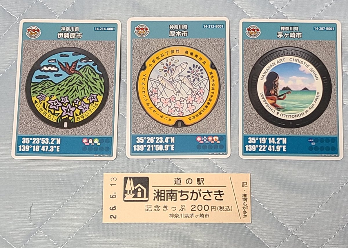 14点セット★道の駅湘南ちがさき記念きっぷ9種★マンホールカード2種★ピンズ他 土日2日間とも休日おでかけパス旅。土曜日は少しゆっくり出掛けたので