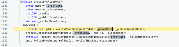 CertiKAlert's tweet photo. 1/ It seems not all part of the submitted '_proofData' is properly verified: the computeRootHashes() only takes the beginning of '_proofData for verification, while the parameters handled by processDepositsAndWithdrawals() to transfer tokens are in the middle. https://t.co/WAblZ2Amvc
