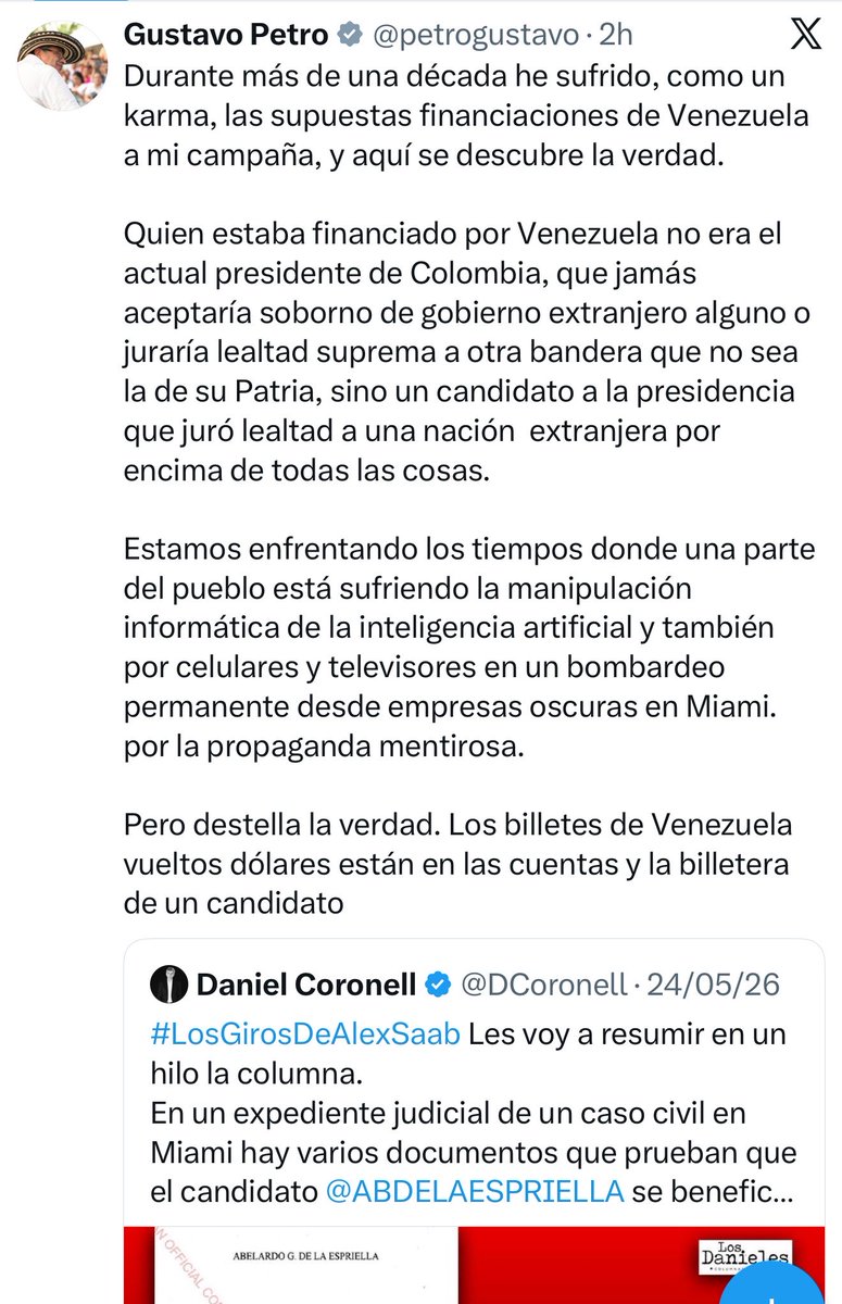ElizbethCristi7's tweet photo. Y recuerden amiguitos: durante años intentaron convencer al país de que Gustavo Petro estaba financiado por el régimen venezolano. Hoy aparecen documentos e investigaciones que señalan presuntos giros de empresas vinculadas a Alex Saab hacia Abelardo de la Espriella. La lección es simple: antes de repetir cadenas y campañas de miedo, hay que leer, informarse y revisar las pruebas. Colombia merece debates con hechos, no con propaganda.