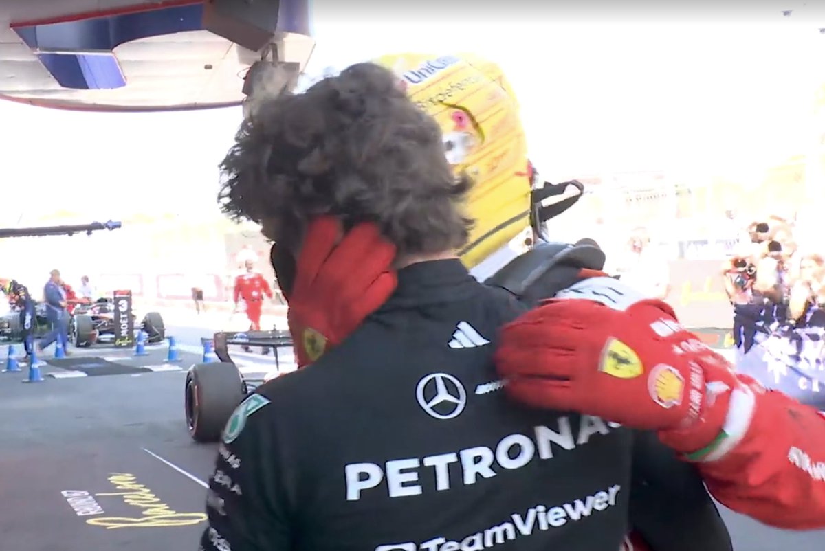 simscircuit's tweet photo. Kimi Antonelli made his way down to Parc Ferme after suffering a DNF just to congratulate Lewis Hamilton! https://t.co/LF3WYHHLp2