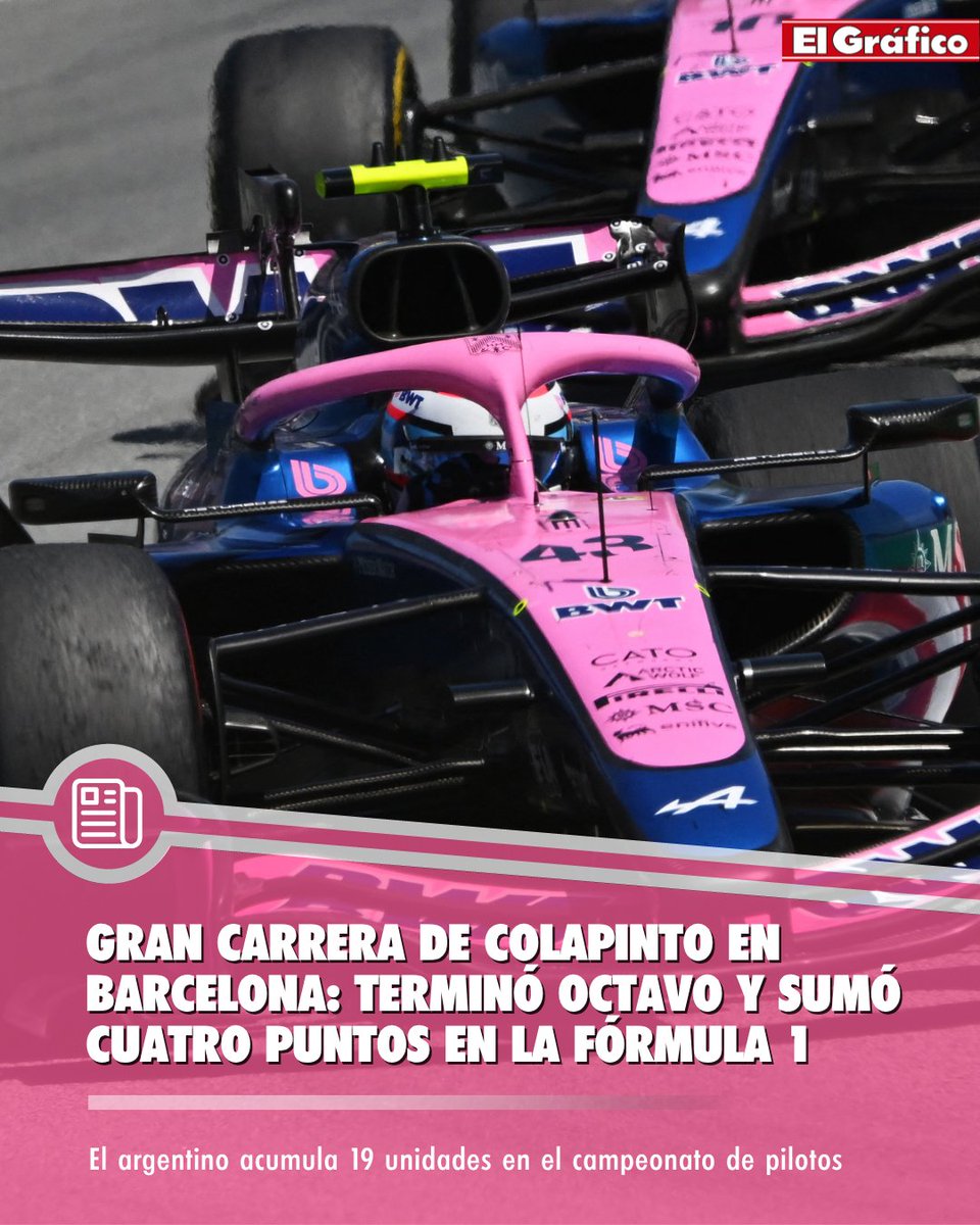 elgraficoweb's tweet photo. 🇦🇷🏎️FRANCO COLAPINTO TERMINÓ OCTAVO EN EL GRAN PREMIO DE BARCELONA

➡️El argentino, que había largado decimotercero, realizó una buena carrera y sumó cuatro unidades en el campeonato de pilotos. Ahora, acumula 19 a lo largo del año.

➕Hamilton ganó la carrera escoltado de Russell y Norris. Pierre Gasly finalizó séptimo y Kimi Antonelli tuvo que abandonar sobre el cierre.
