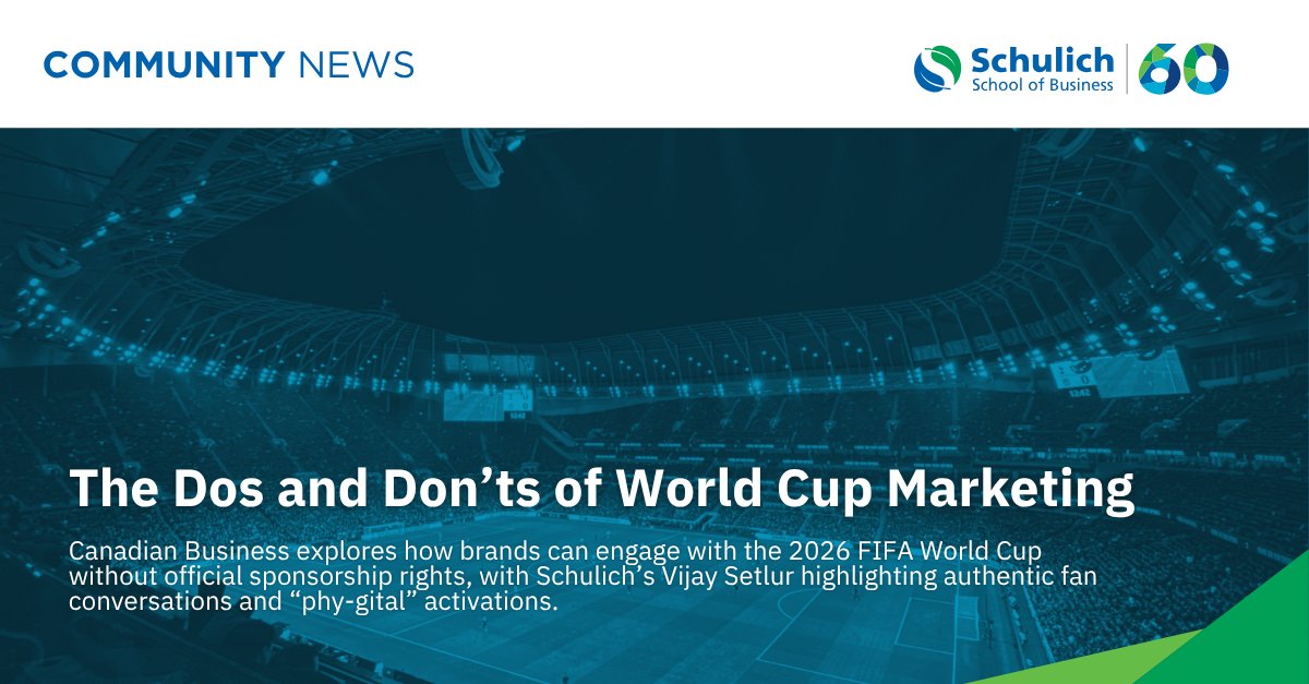 SchulichSchool's tweet photo. The 2026 FIFA World Cup brings big opportunities for brands — and strict sponsorship rules.

Schulich’s Vijay Setlur shares how brands can engage authentically through fan conversations and “phy-gital” activations. @cdnbiz

🔗 https://t.co/OXmeg8S8oZ

#SchulichInTheNews https://t.co/QwMyYq8Qz2