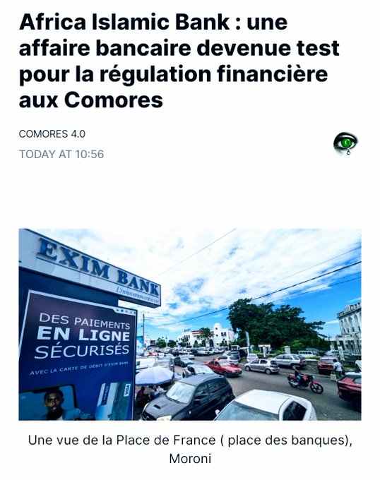 SecrettsMoonn's tweet photo. 🇰🇲 Une affaire financière sensible prend une tournure judiciaire aux Comores. Au centre du dossier : près d’un milliard de francs comoriens bloqué depuis plusieurs mois sur des comptes de l’EXIM BANK Comores. https://t.co/M7BqBdZubX